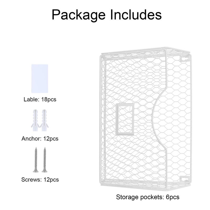 PAG 6 Pockets Hanging File Holder Wall Mount Mail Organizer Metal Chicken Wire Magazine Rack with Tag Slot, White - Image 3